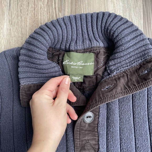 Vintage Eddie Bauer Fatigue Sweater 1/4 Button Ribbed Cotton Gray Blue Men's LT - Picture 2 of 8